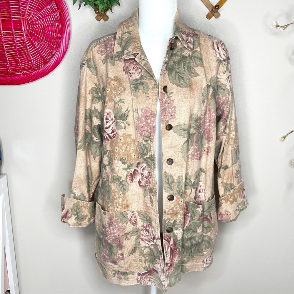 Vintage oversized linen blend button down floral shacket